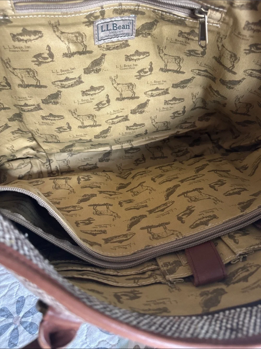 Vintage L.L. Bean Tan Tweed Tote with Brown Leather Trim and Handles